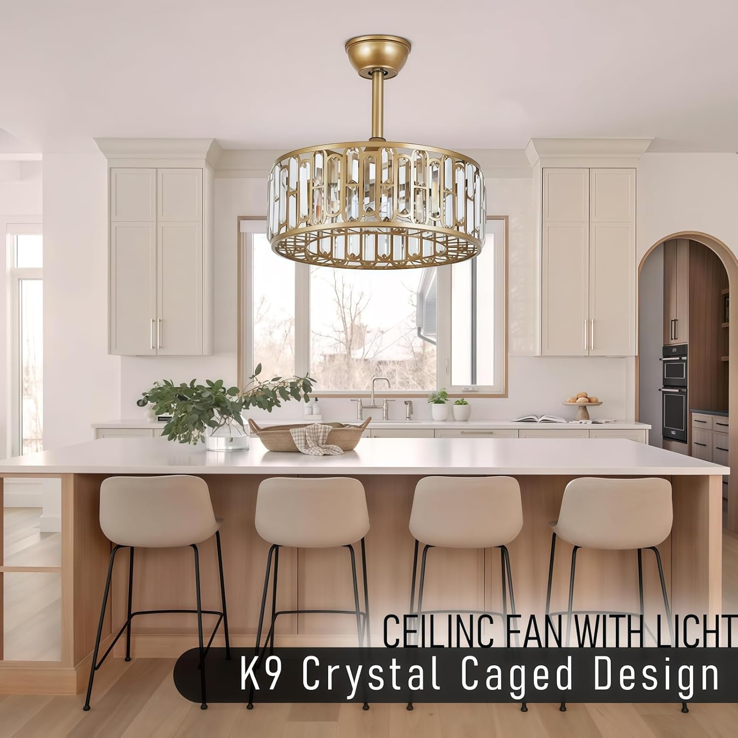 18.2' Gold Caged Ceiling Fans with Lights Remote Crystal Fandelier 4-Lights Flush Mount Fan Light Modern Enclosed Chandelier Fan with 6 Speeds for Bedroom Living Room Kitchen Dining Room Hallway