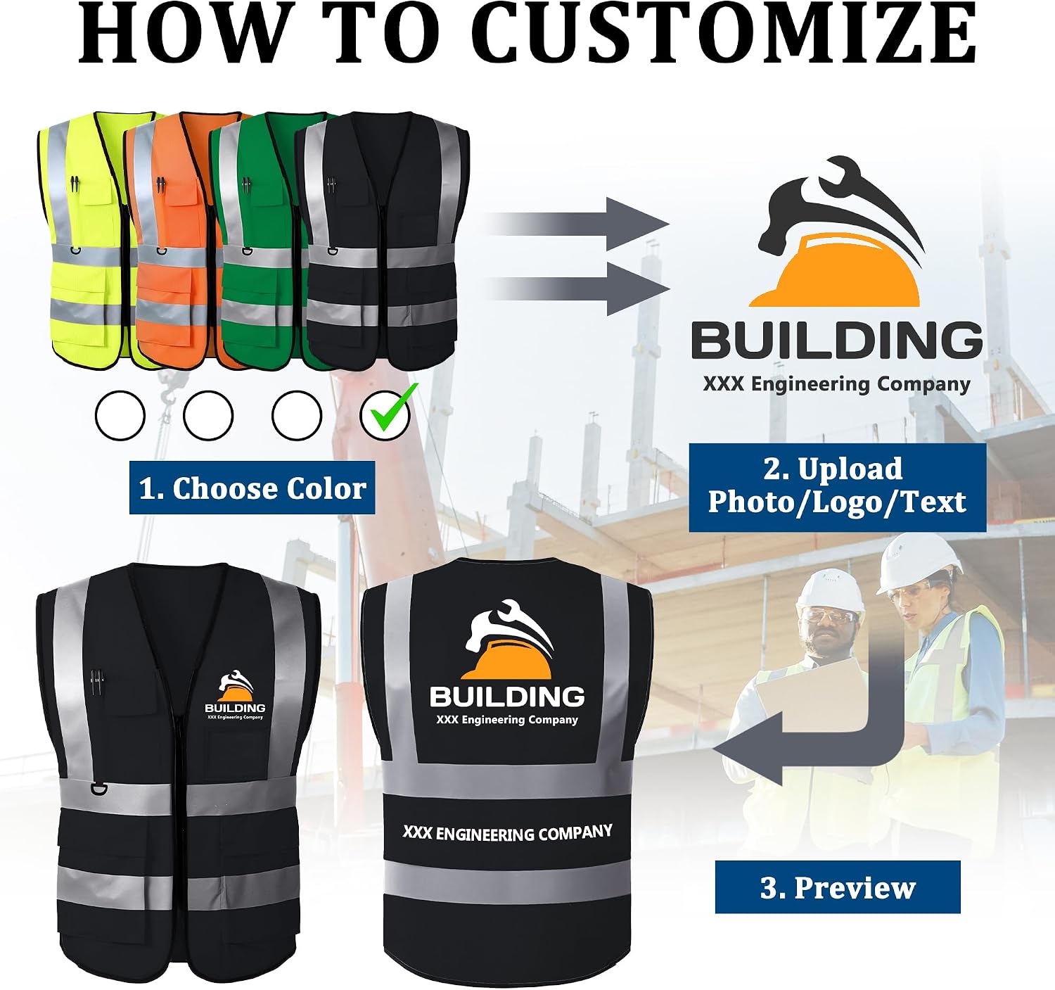 Custom Safety Vest, High Visibility Reflective Personalized Vest with Logo and Pockets for Men Women Construction