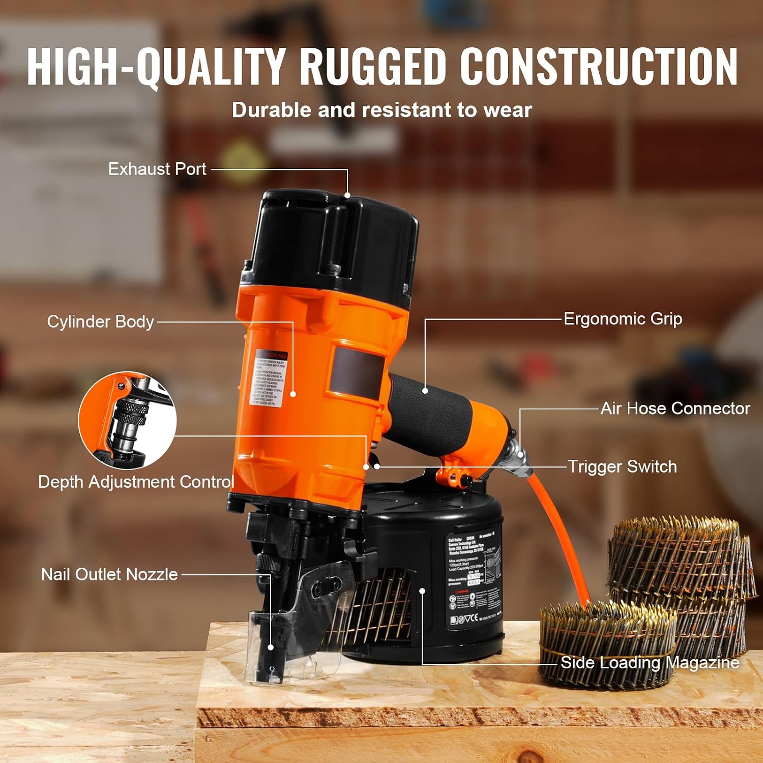 Happybuy Coil Siding/Framing Nailer CN83N, 2' to 3-1/4' 15 Degree Pneumatic Siding Nail Gun with Tool-Less Depth Adjustment, 70-120PSI Air Coil Nailer for Siding Sheathing Wooding Fencing Decking