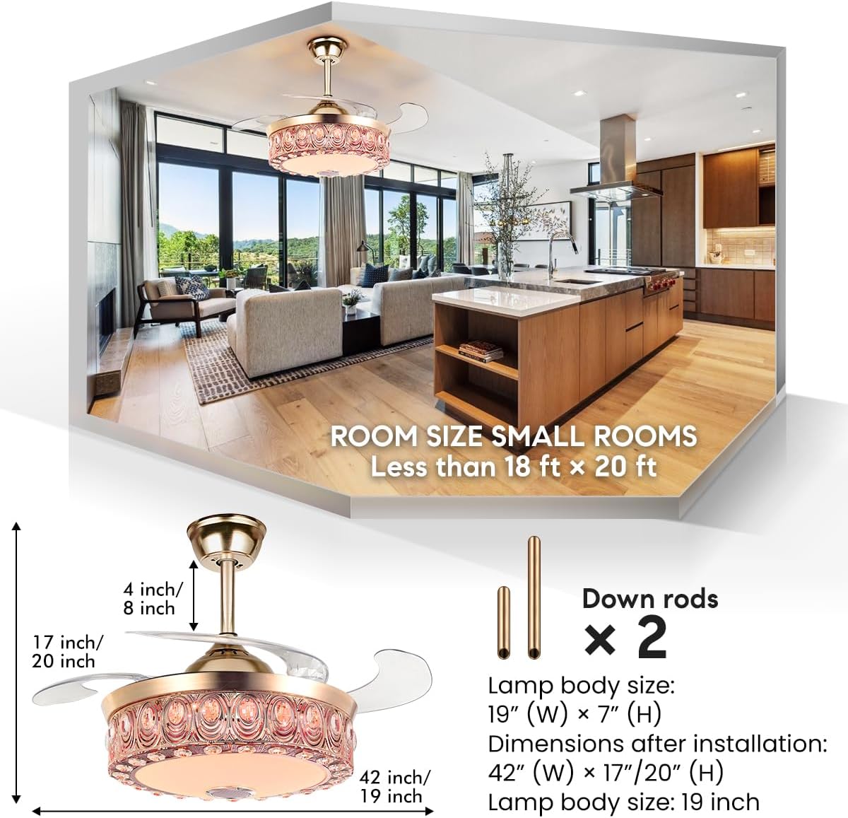 Gold Retractable Ceiling Fan with Lights and APP Remote RGB Colorful Changing Crystal Chandelier Bluetooth Ceiling Fan Music Player 3 Speeds Smart Fandelier Ceiling Fan Lighting Fixture
