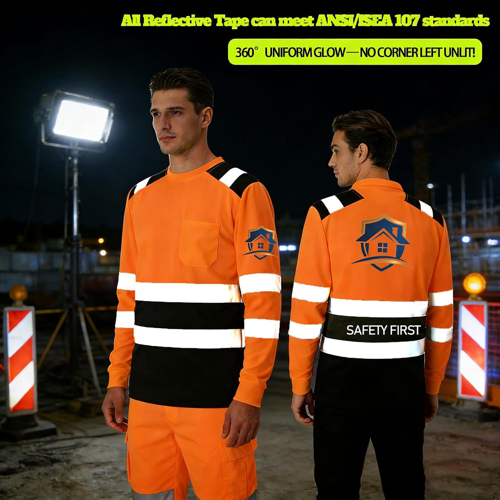BeautyWill Custom Logo High Visibility Safety Shirts, ANSI Class 3 Reflective Work Shirts Long Sleeve Crewneck T-Shirt