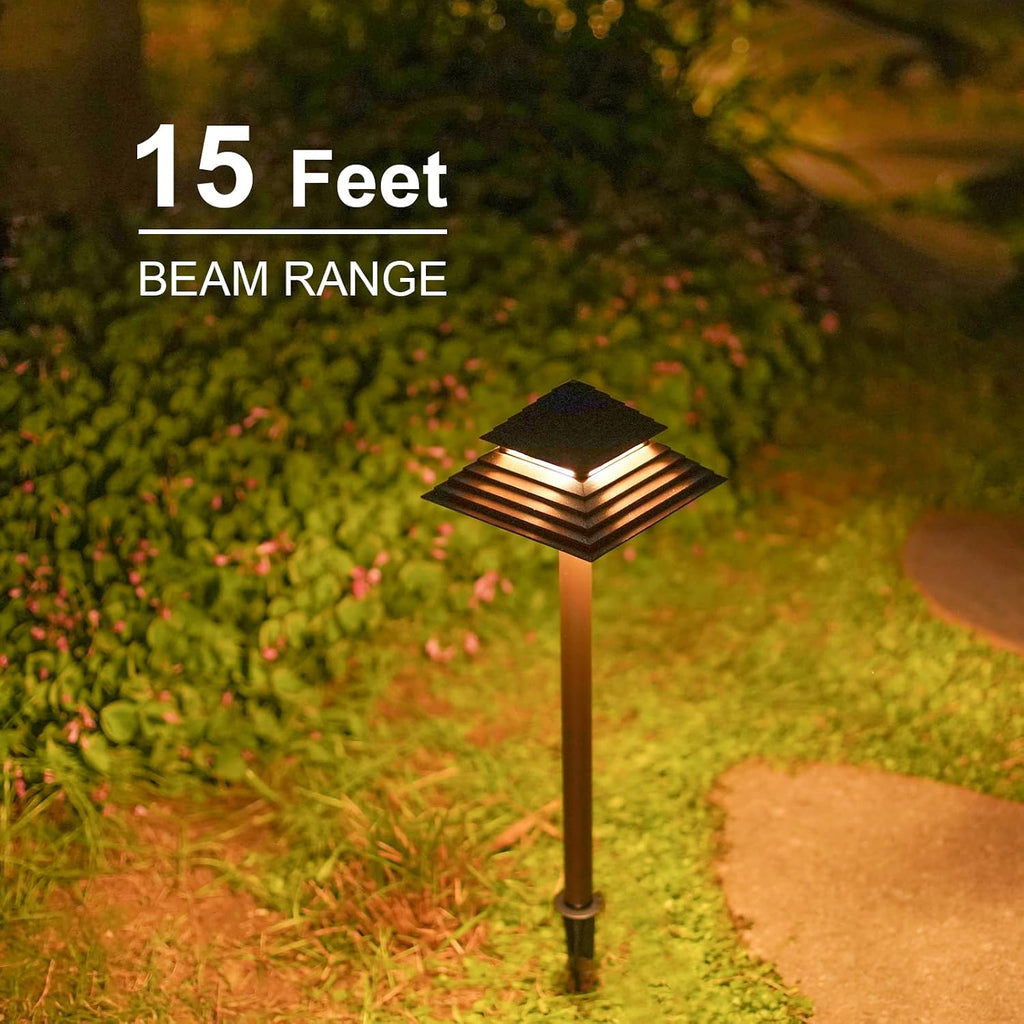 GOODSMANN Landscape Lighting 8PK Low Voltage Outdoor Path Lights 2-Tier Pagoda Landscape Path Lights Pathway Lights Wired 3W LED 180 Lumen 3000K Warm White Driveway Bronze Electric Pathway Light