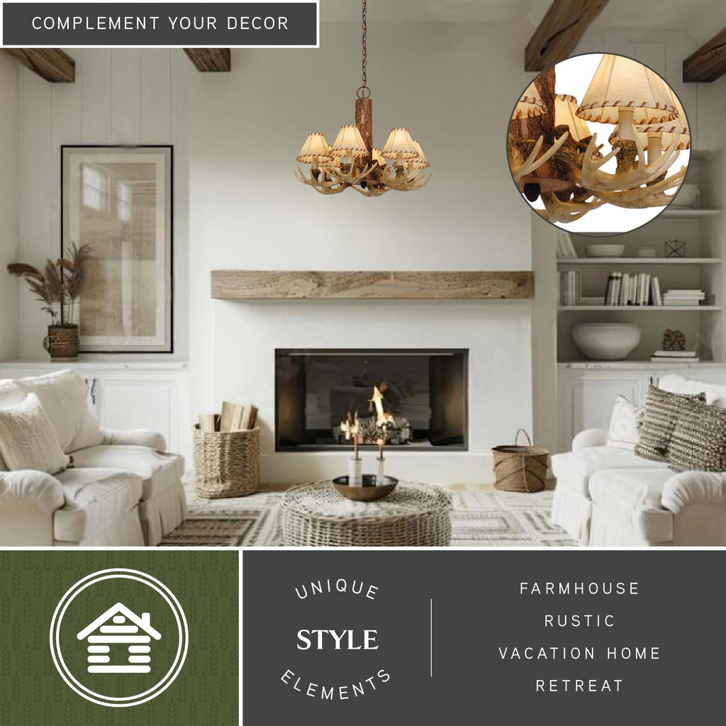 VAXCEL Lodge 6 Light Cream Rustic Antler Chandelier