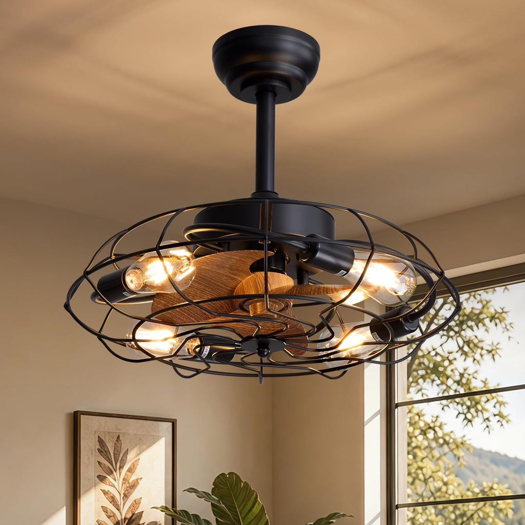 Caged Ceiling Fans with Lights, 20'' Black Farmhouse Ceiling Fan with Remote, 6-Speed Quiet Reversible Motor, Rustic Vintage Fandelier for Kitchen, Bedroom, Living Room, E26 Base