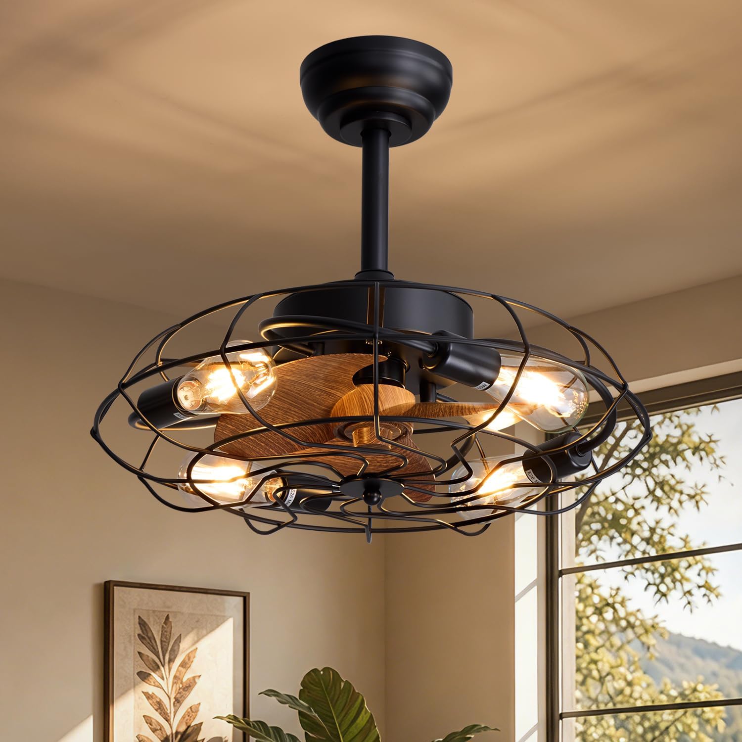 Caged Ceiling Fans with Lights, 20'' Black Farmhouse Ceiling Fan with Remote, 6-Speed Quiet Reversible Motor, Rustic Vintage Fandelier for Kitchen, Bedroom, Living Room, E26 Base
