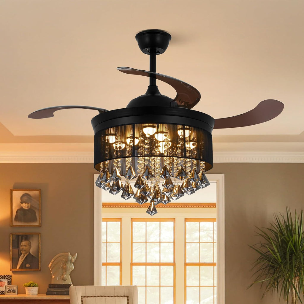 42' Black Luxury Crystal Ceiling Fan with Light 3 Color 3 Speed Modern Chandelier Fan with Remote Control Retractable Blades Fandelier for Living Room Bedroom