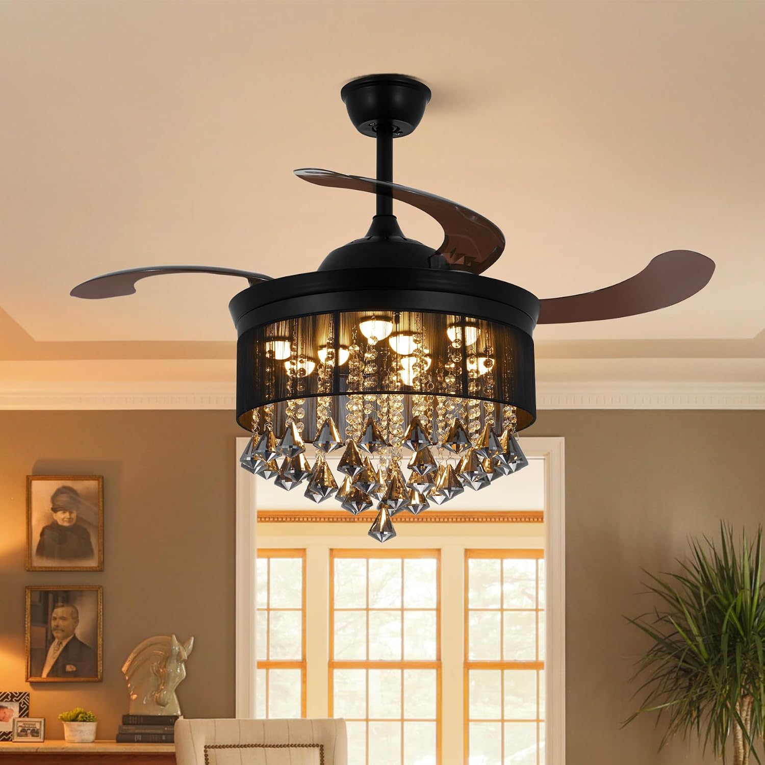 42' Black Luxury Crystal Ceiling Fan with Light 3 Color 3 Speed Modern Chandelier Fan with Remote Control Retractable Blades Fandelier for Living Room Bedroom