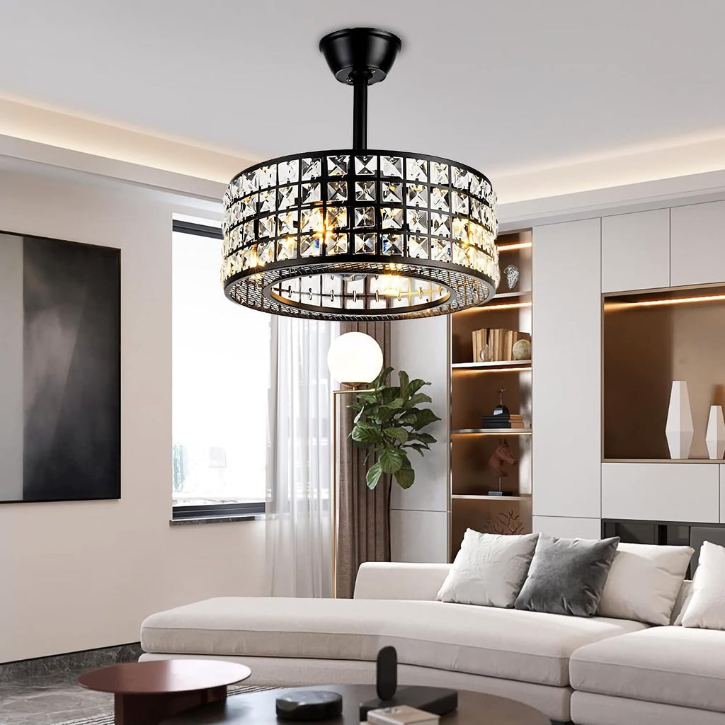 Fandian 18' Industrial Caged Ceiling Fan with Light,Bladeless Fan with 3 Speeds, Black Farmhouse Crystal Fandelier with Remote Control, Vintage Crystal Chandelier Fan for Dining Bedroom