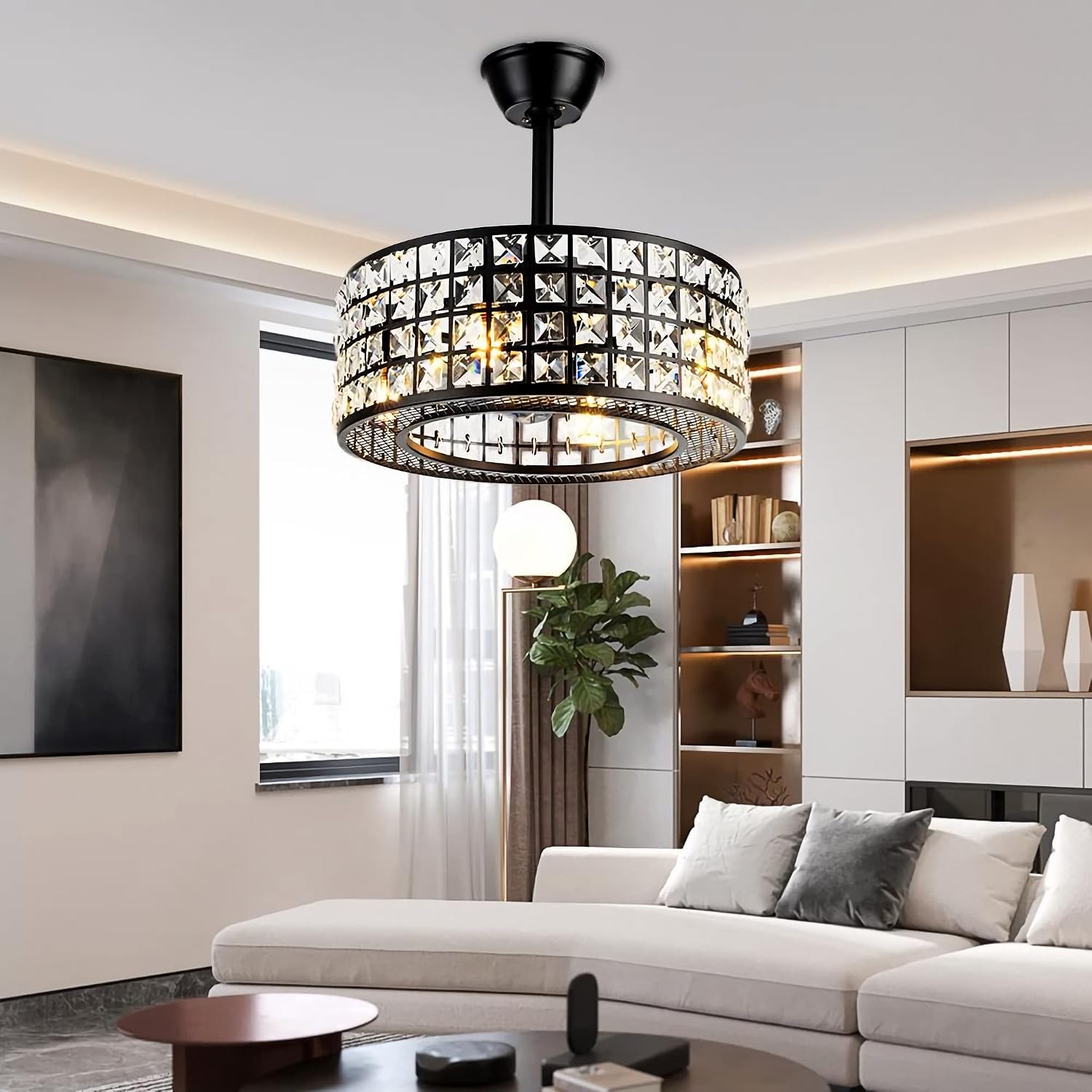 Fandian 18' Industrial Caged Ceiling Fan with Light,Bladeless Fan with 3 Speeds, Black Farmhouse Crystal Fandelier with Remote Control, Vintage Crystal Chandelier Fan for Dining Bedroom