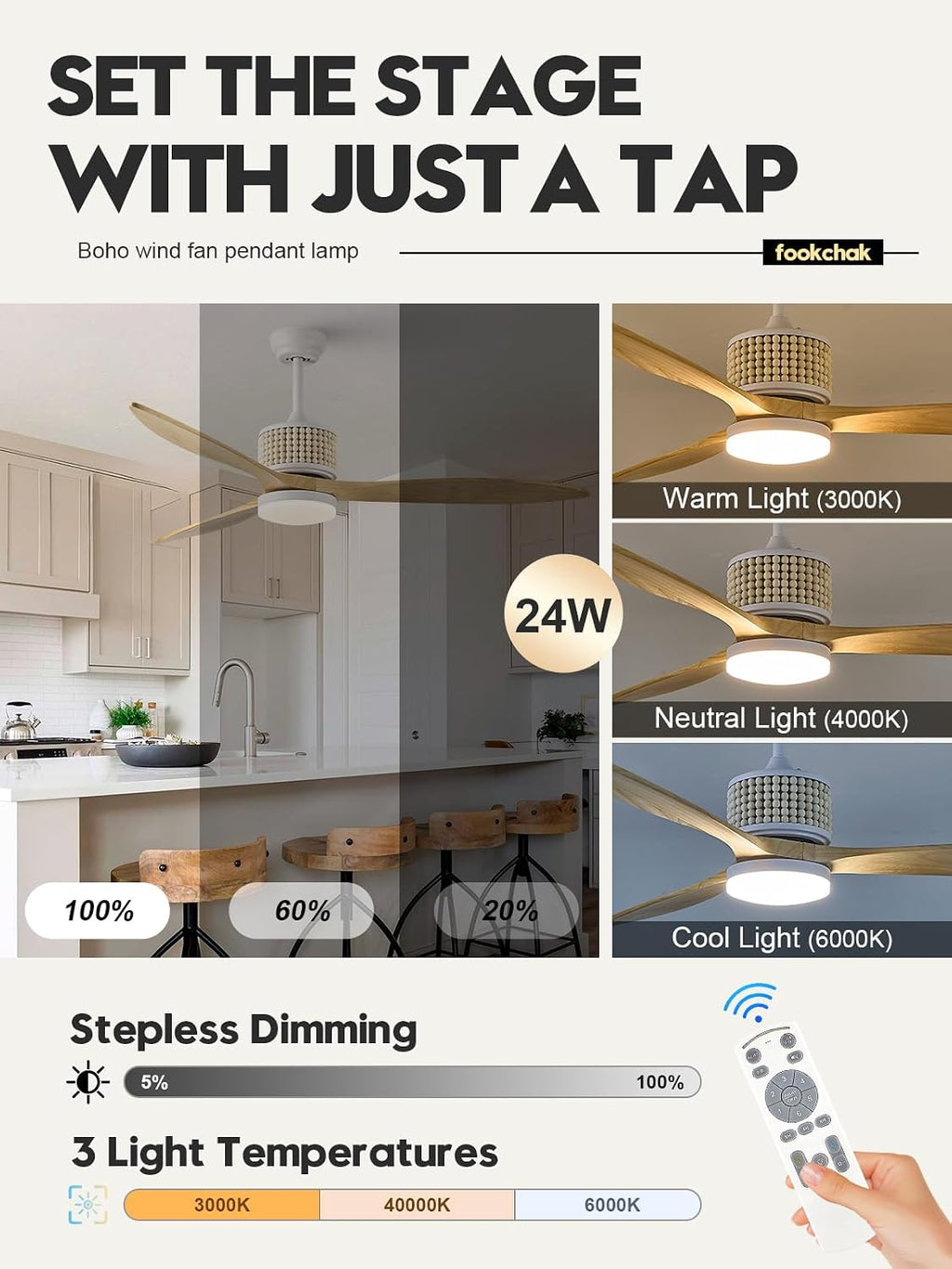 60in Boho White Ceiling Fan Lights with Remote Control 3 Blade Wood Bead Ceiling Fans with Light Coastal Natural Wood Ceiling Fan Outdoor Bohemian Fan Light for Patio Living Room Kitchen