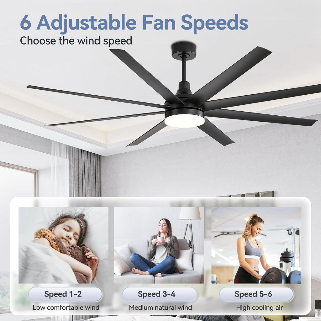 72 inch Ceiling Fans with Lights and Remote, 8 Reversible Blades, 6-Speed Quiet DC Motor, Timer, 3 Color LED Light, 2 Downrods, Industrial Black Indoor Ceiling Fan Fandeliers for Bedroom Living Room