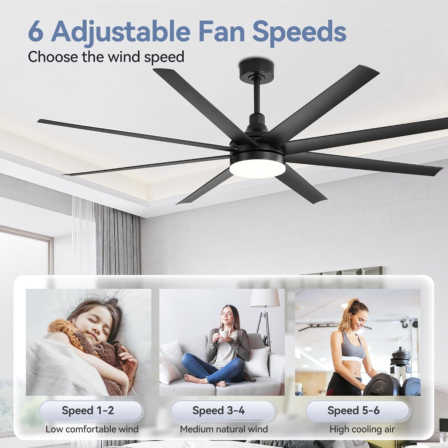 72 inch Ceiling Fans with Lights and Remote, 8 Reversible Blades, 6-Speed Quiet DC Motor, Timer, 3 Color LED Light, 2 Downrods, Industrial Black Indoor Ceiling Fan Fandeliers for Bedroom Living Room