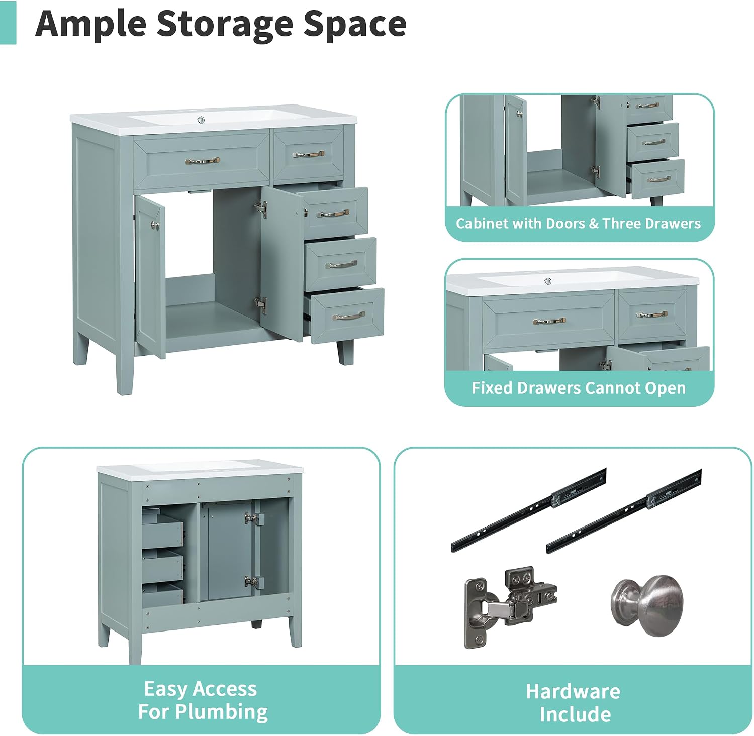 36' Bathroom Vanities Cabinet with Ceramic Sink Top, Two Doors and Three Drawers, Soft-Closing Door, Solid Wood Legs, Green