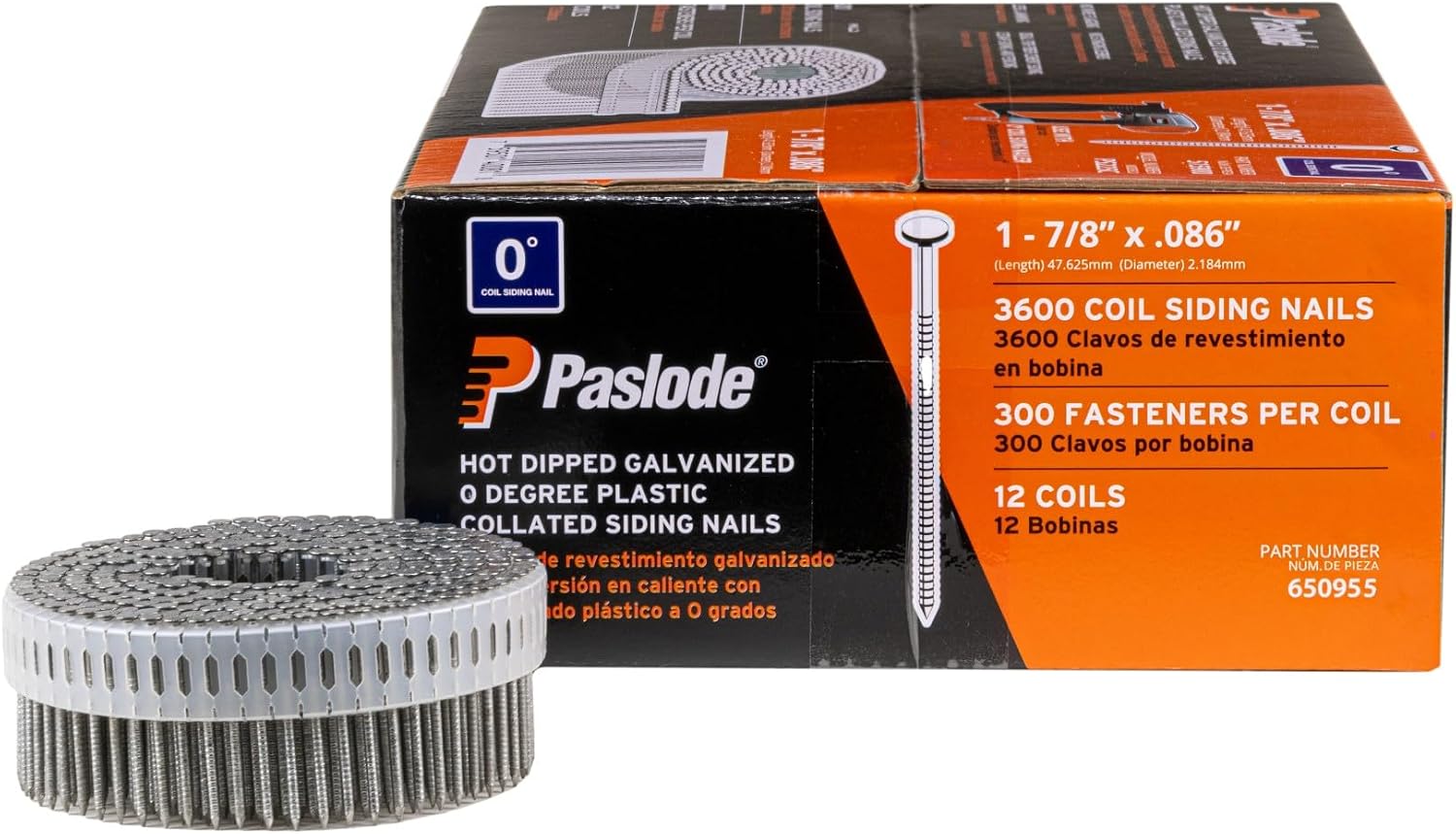 Paslode Coil Siding Nail, 650955, 1 7/8 inch x .086 Gauge, Hot Dipped Galvanized, 3,600 Per Box