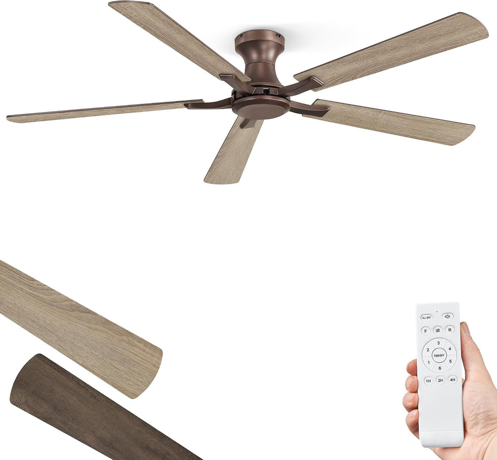 ZMISHIBO 60 Inch Ceiling Fan No Light, Flush Mount Low Profile, Farmhouse Brown Ceiling Fan Without Light, Remote Control & Quiet DC Motor, for Indoor&Outdoor, Bedroom, Living Room