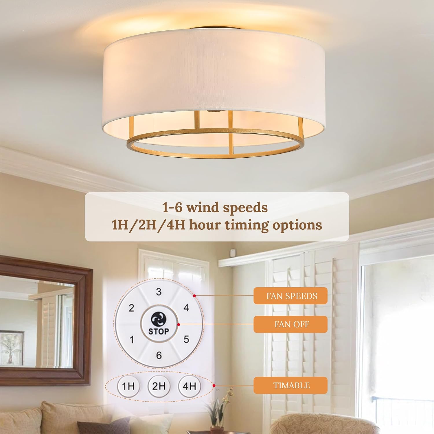 20' Golden Boho Caged Linen Low Profile Ceiling Fan with Remote, 6 Speeds