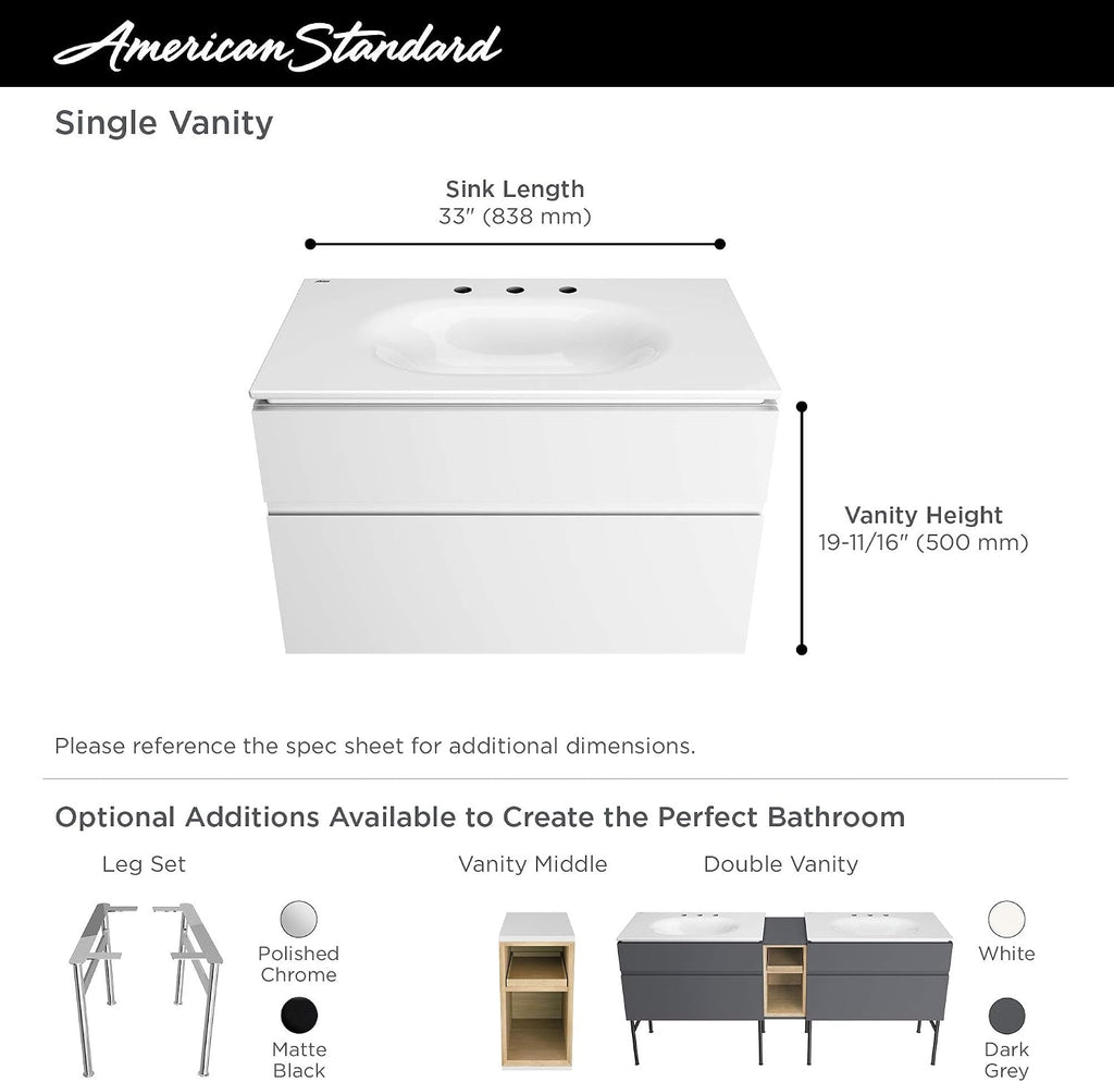 American Standard 1298008.020 Studio S 33 in. Vanity Top Sink – 8 in. Centers, White