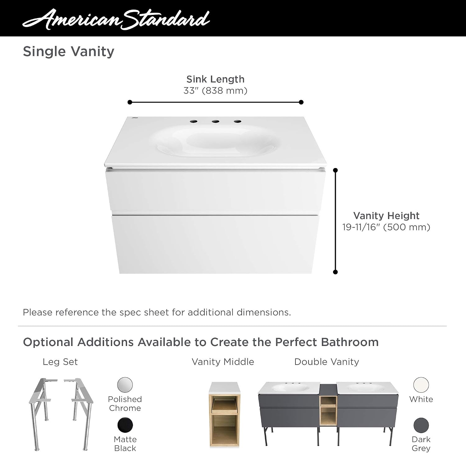 American Standard 1298008.020 Studio S 33 in. Vanity Top Sink – 8 in. Centers, White