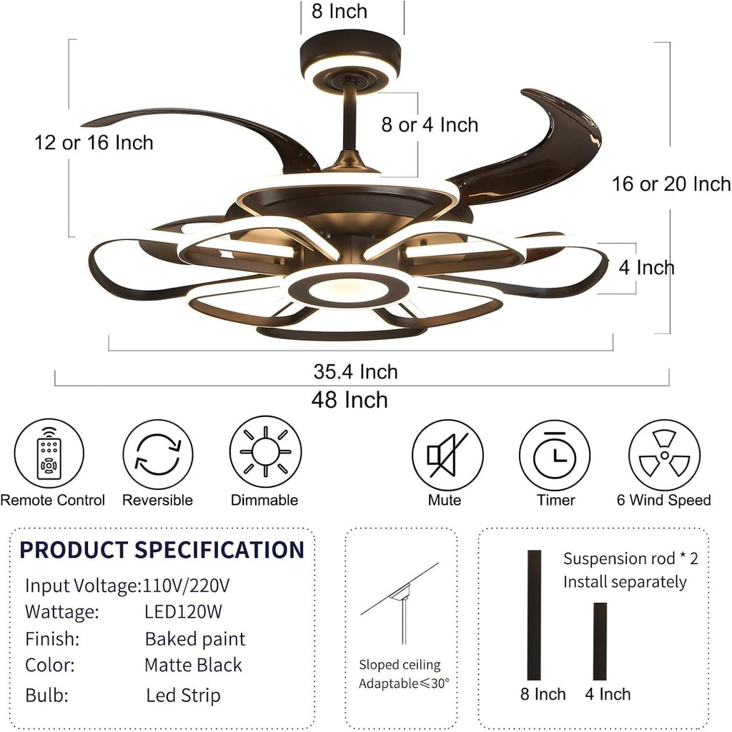 48' Retractable Ceiling Fan with Lights Modern Fandelier Fan Light with Remote Bladeless Fan Ceiling Light for Bedroom Living Room 6 Speed Black (Black RFL25003)