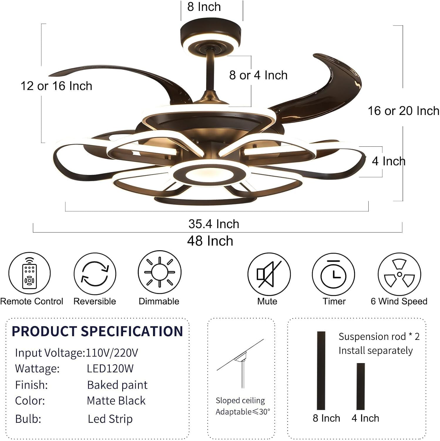 48' Retractable Ceiling Fan with Lights Modern Fandelier Fan Light with Remote Bladeless Fan Ceiling Light for Bedroom Living Room 6 Speed Black (Black RFL25003)
