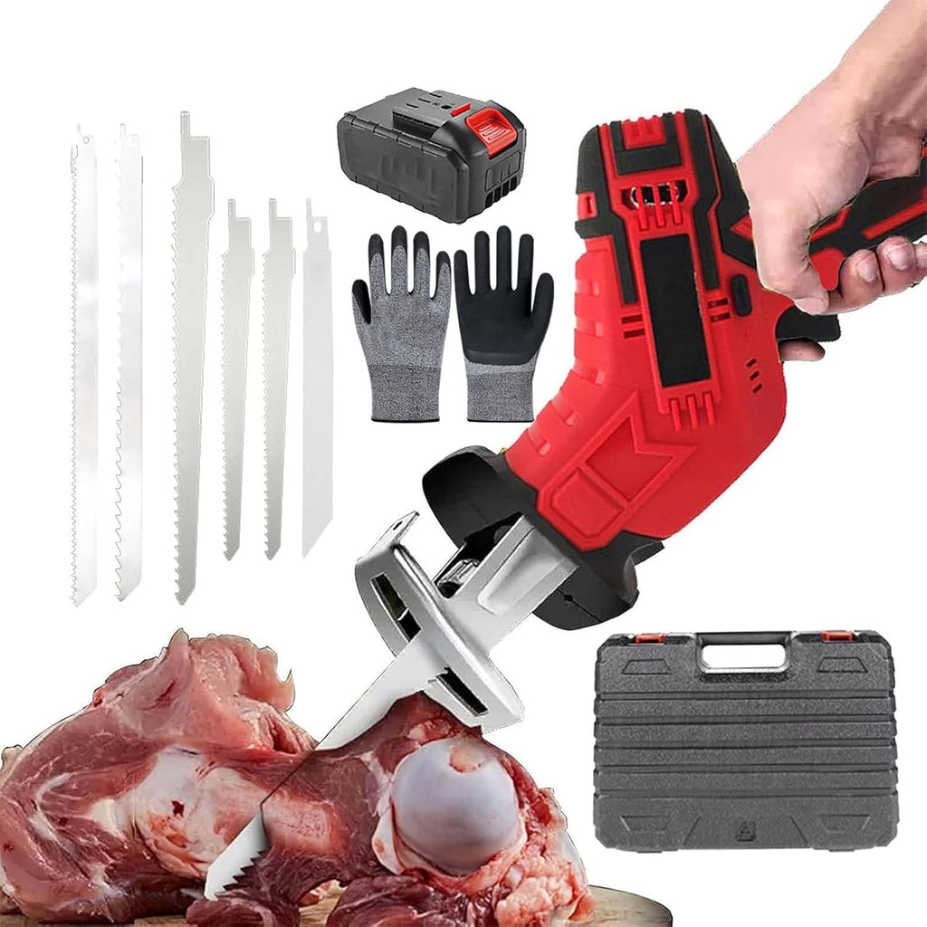 Electric Reciprocating Saw, Cordless Saw with 6replaceable Saw Blades,1pairs Gloves,Handheld,Lightweight Body,Led Auxiliary Lighting,for Wood,Metal Cutting&Meat Bone,1battery