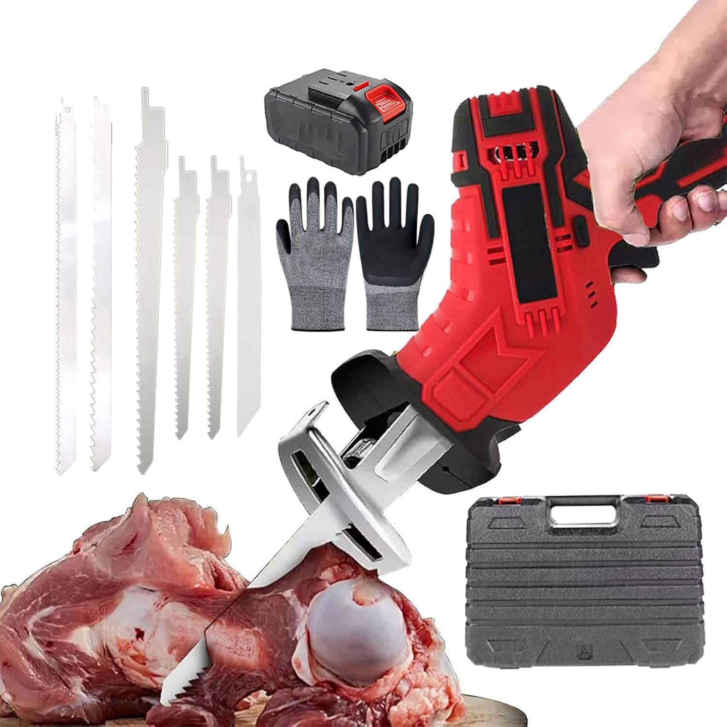 Electric Reciprocating Saw, Cordless Saw with 6replaceable Saw Blades,1pairs Gloves,Handheld,Lightweight Body,Led Auxiliary Lighting,for Wood,Metal Cutting&Meat Bone,1battery