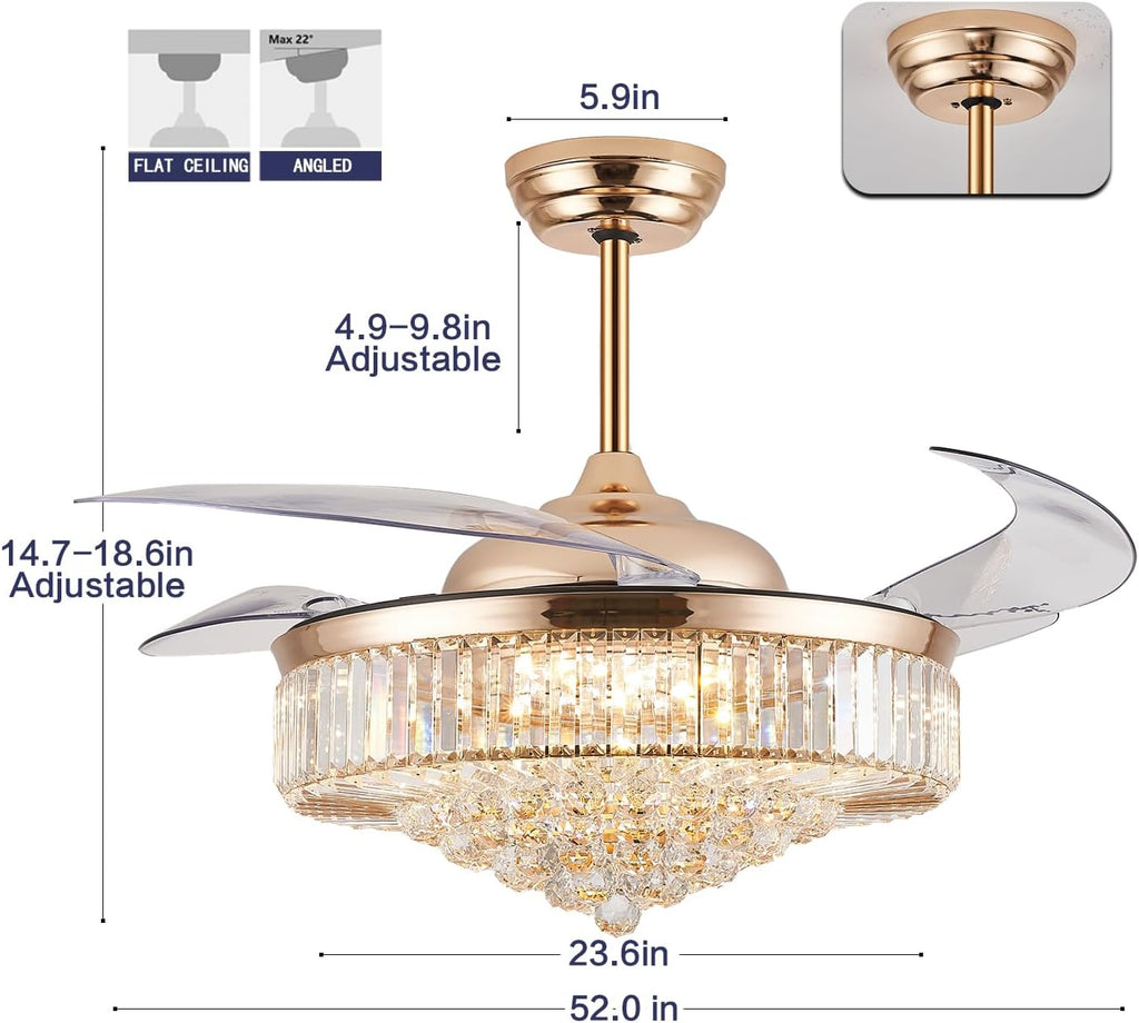 52'' Crystal Ceiling Fan with Light and Remote,Modern Gold Fandelier with Invisible Retractable Blades,Dimmable Chandelier Ceiling Fan for Bedroom Living Room Dining Room
