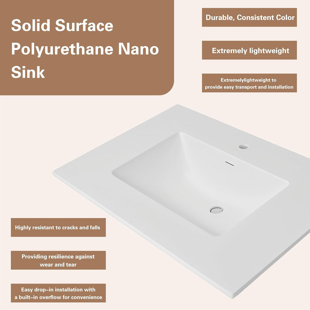 25'/31'/37' Solid Surface Polyurethane Resin Streamline Vanity Top With Sink, Durable, Consistent Color, Easy-to-Clean, Built-in Overflow (25'W x 22'D)