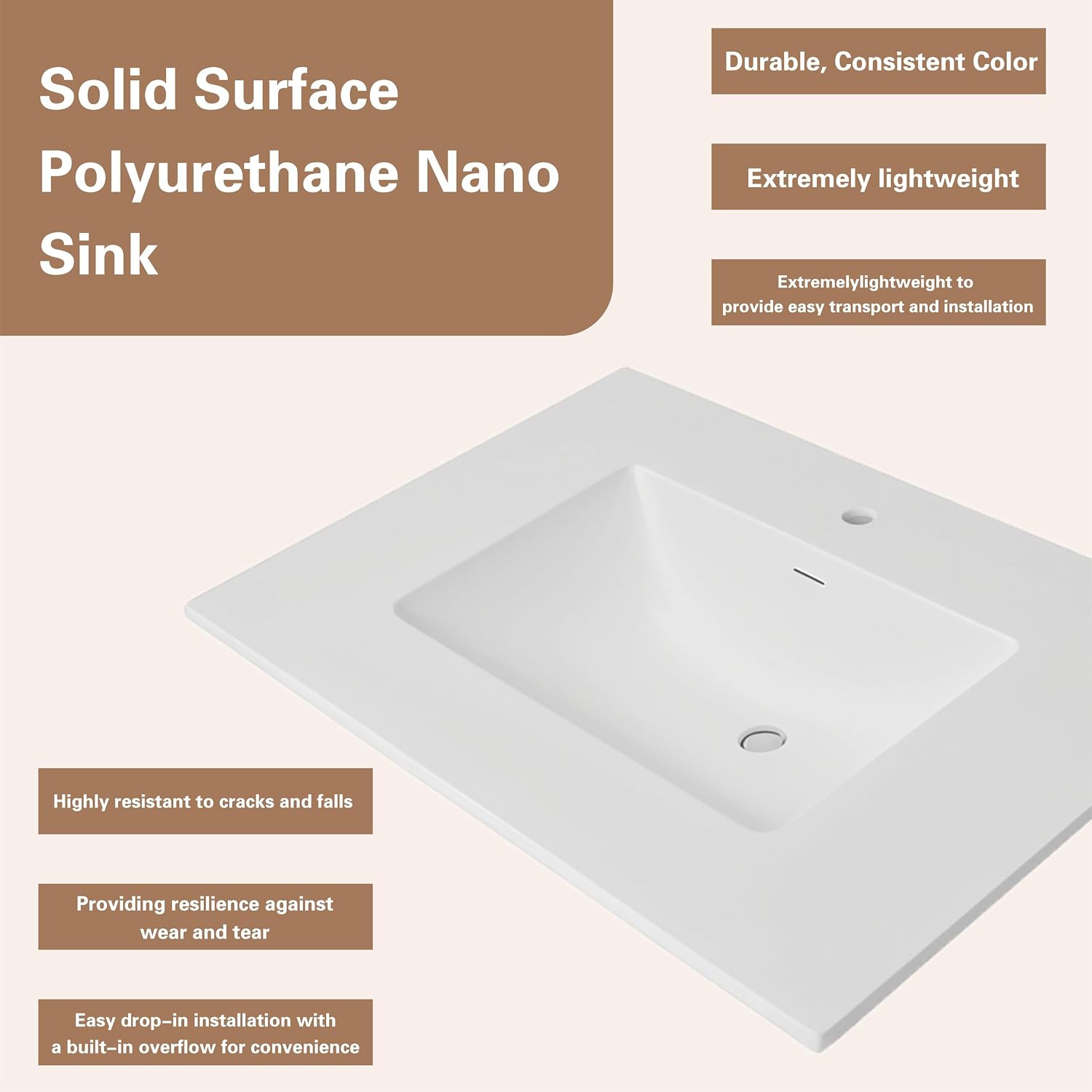 25'/31'/37' Solid Surface Polyurethane Resin Streamline Vanity Top With Sink, Durable, Consistent Color, Easy-to-Clean, Built-in Overflow (31'W x 22'D)