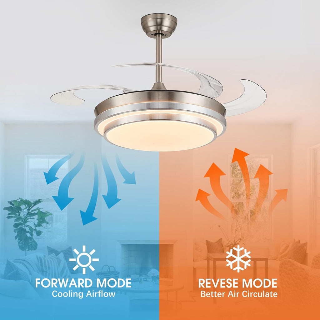 48 Inch Retractable Ceiling Fans with Lights, Modern Fandelier Ceiling Fan with Remote and App Control, 3 Color Dimmable, 6 Speeds Reversible, for Bedroom/Living Room/Office (Brushed Nickel)
