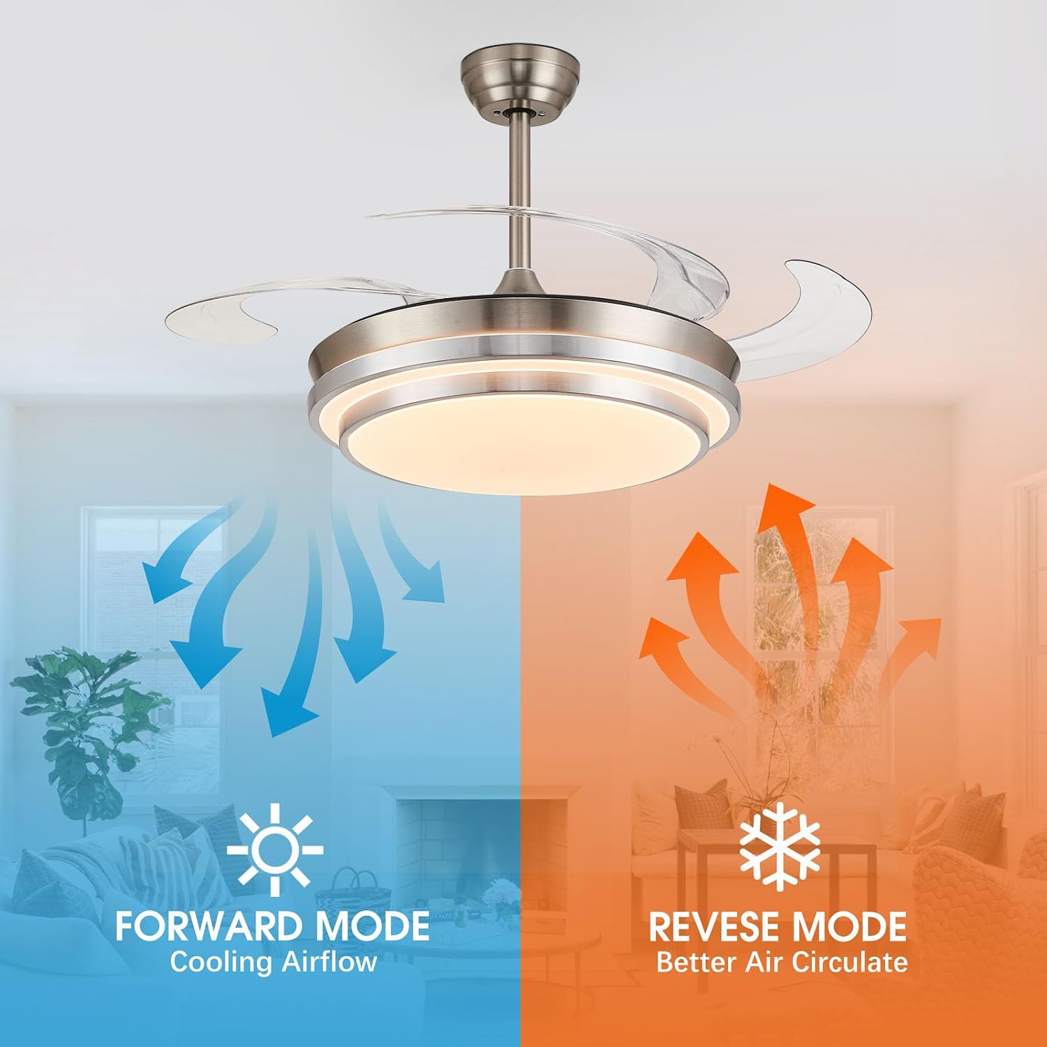 48 Inch Retractable Ceiling Fans with Lights, Modern Fandelier Ceiling Fan with Remote and App Control, 3 Color Dimmable, 6 Speeds Reversible, for Bedroom/Living Room/Office (Brushed Nickel)
