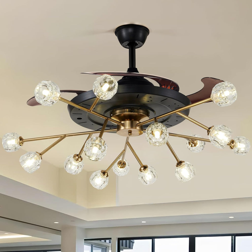 42' Modern Retractable Chandelier Ceiling Fan and Remote, Elegant Black 15-Light Fandelier Ceiling Fan with Reversible Blades 6 Speeds Silent Motor for Living Dinning Room
