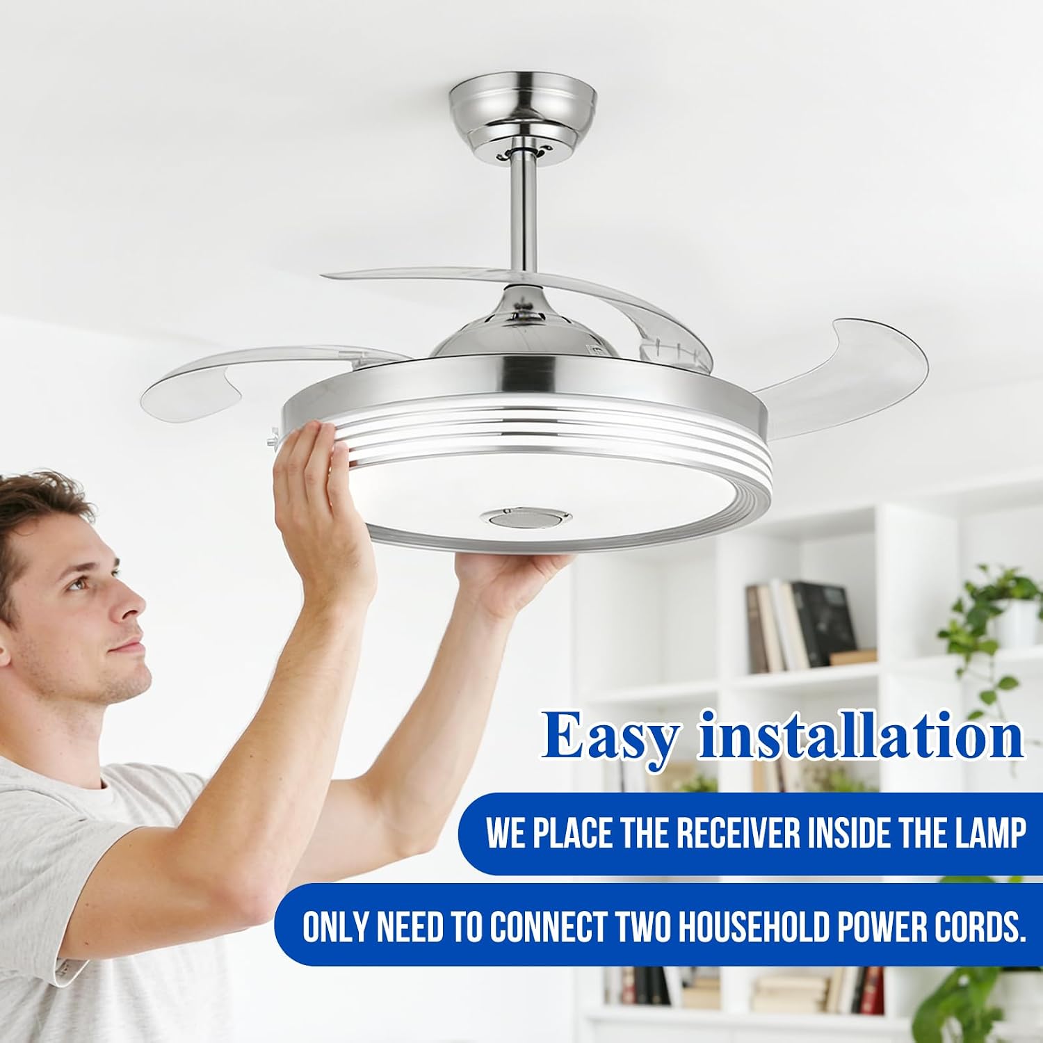 48 inch Modern Retractable Ceiling Fan with Lights and Remote Control, 6Speed Dimmable Fandelier, Smart Ceiling Fan Light with Bluetooth Speaker, RGB Color Reversible Bedroom Living Room, Chrome