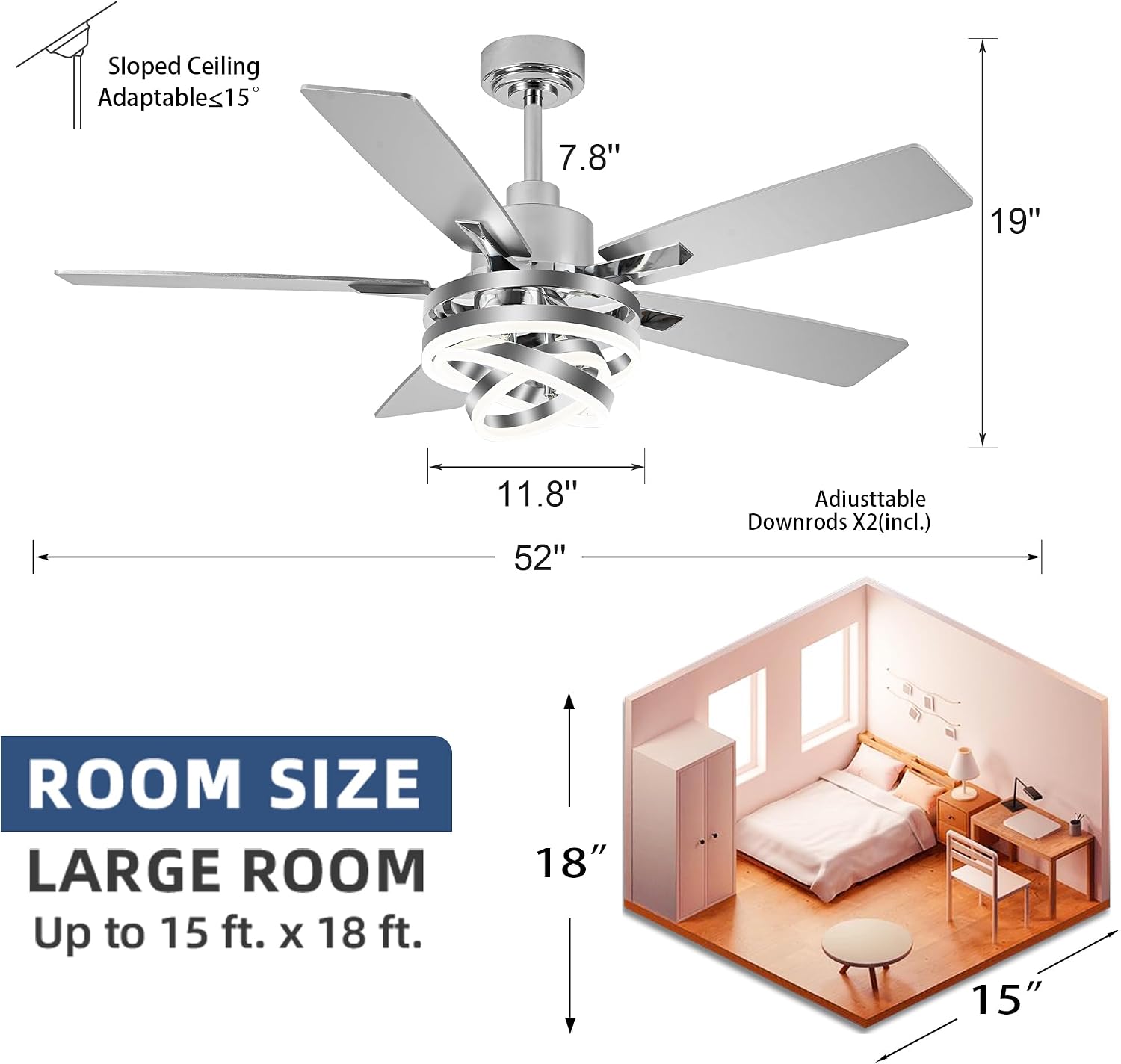 52' Chandelier Ceiling Fans with Lights Remote Control, Farmhouse Ceiling Fan with Light, DIY Rings LED Fandelier Ceiling Fan with Reversible DC Motor 6 Speeds Dimmable for Living Room Bedroom