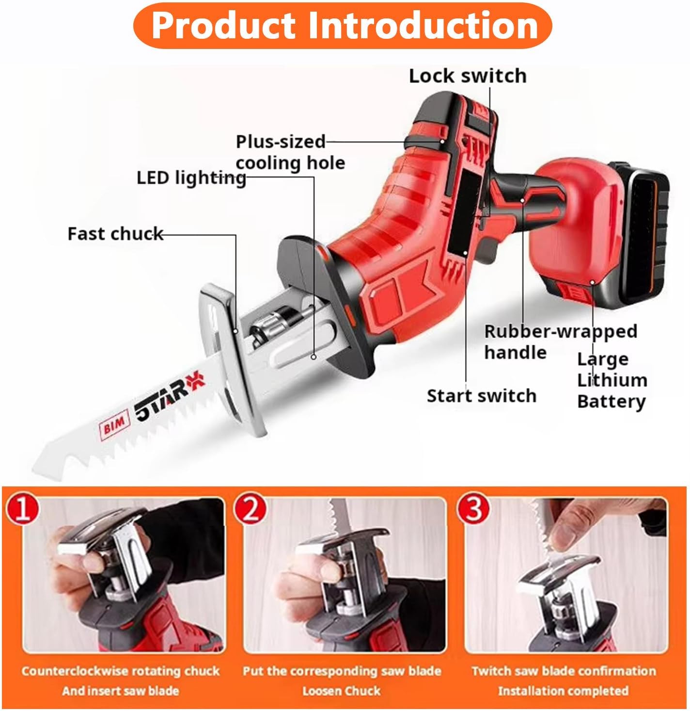 Lightweight Reciprocating Saw, Electric Meat Saw, 4 Saw Blades, 2 3000mah Battery, Built-In Safety Lock, Stroke Speed 2000/Min, Suitable for Cutting Bones and Meat