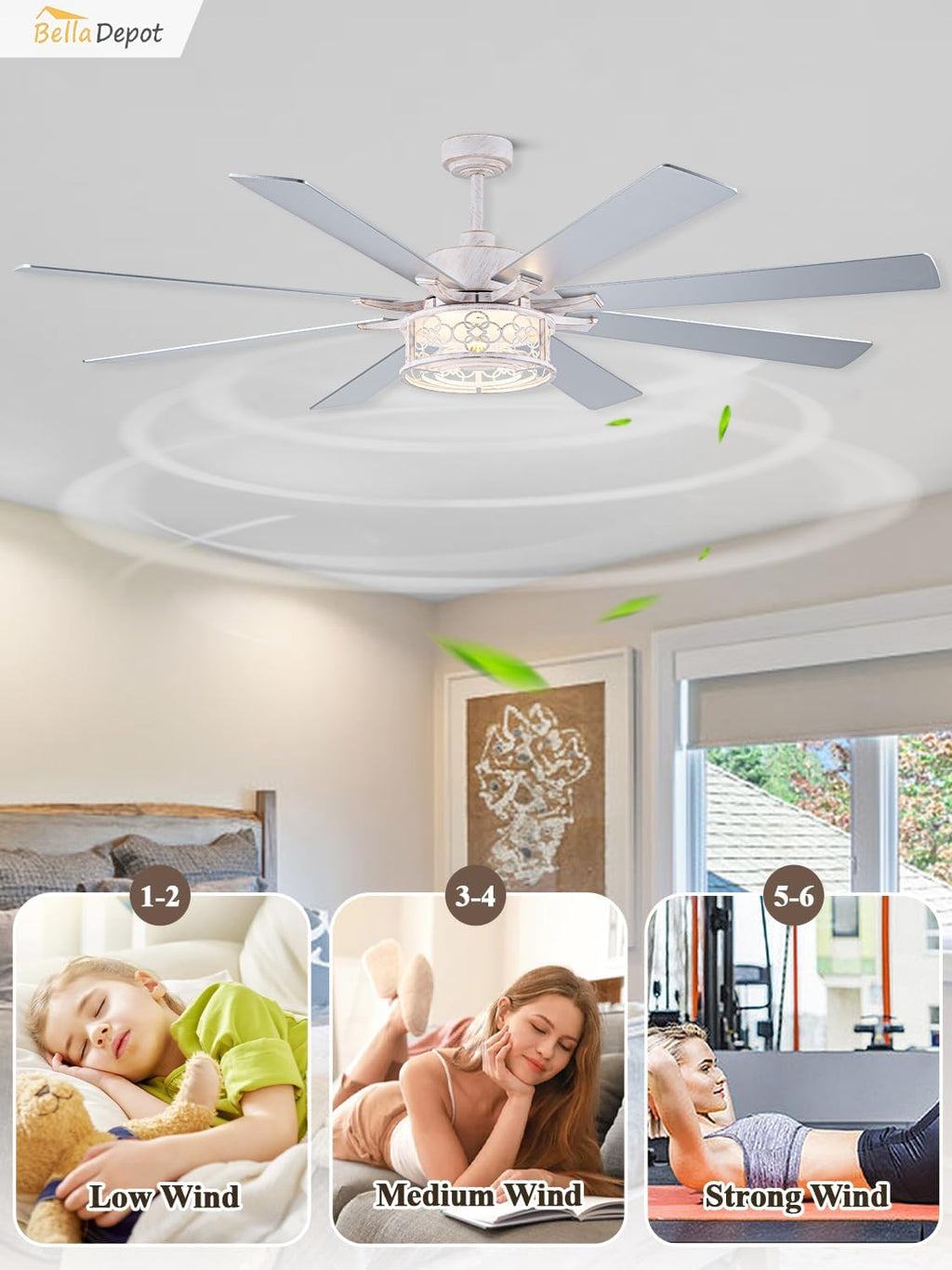 72 Inch Farmhouse Ceiling Fan with Lights Large Chandelier Caged Fan with Quiet Reversible DC Motor Rustic Fan with Wooden Blades White - Ideal for Bedroom, Living Room, Dining Room, Any Big Spaces