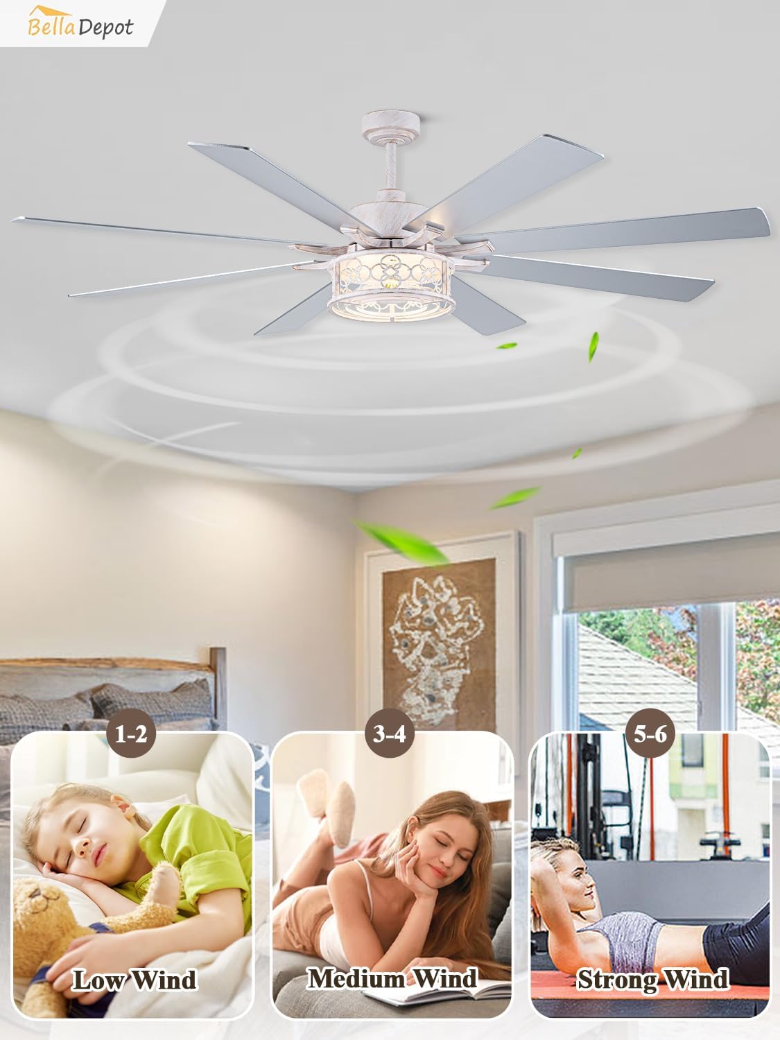 72 Inch Farmhouse Ceiling Fan with Lights Large Chandelier Caged Fan with Quiet Reversible DC Motor Rustic Fan with Wooden Blades White - Ideal for Bedroom, Living Room, Dining Room, Any Big Spaces