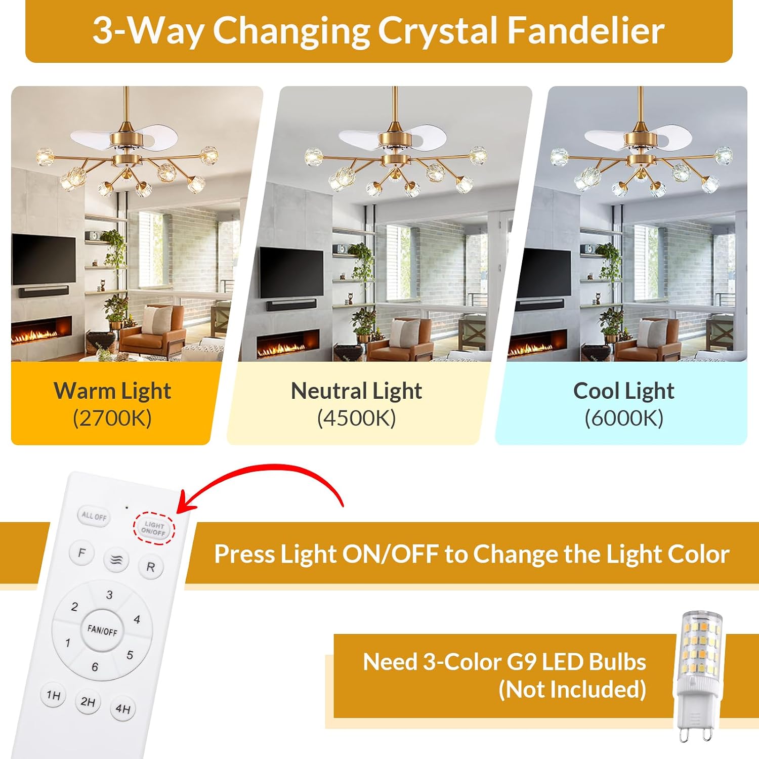 Siljoy 9-Light Farmhouse Sputnik Crystal Ceiling Fan with Light and Remote, Brass Gold Fandelier with Quiet Reversible Motor, 6 Speeds, 3-Color Change for Living Room Bedroom Patio 35.4 Inch