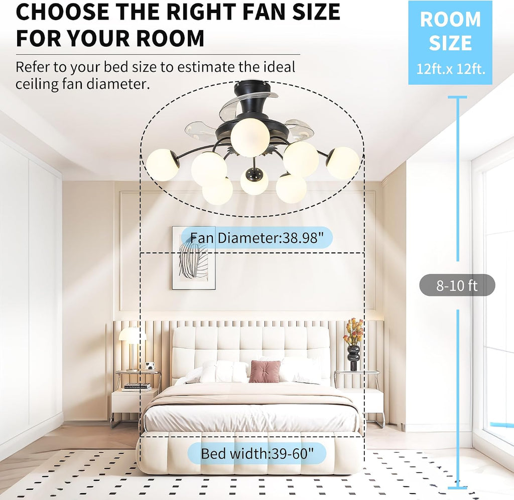8-Light Bubble Fandelier, Black and White Glass Globe, 34 Inches | Sputnik Design, 3 Retractable Hidden Blades, 6 Speeds Reversible Motor, Remote & Timer, Ceiling Fan with Light