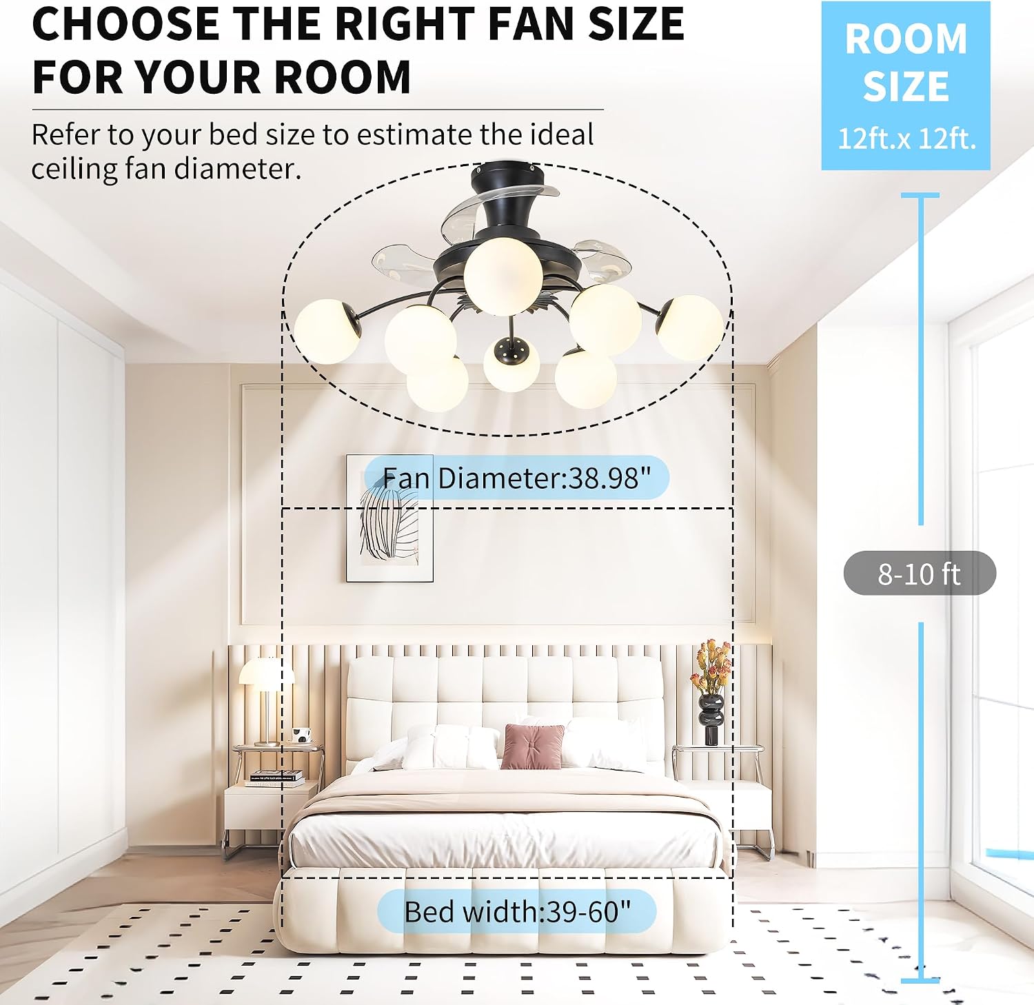 8-Light Bubble Fandelier, Black and White Glass Globe, 34 Inches | Sputnik Design, 3 Retractable Hidden Blades, 6 Speeds Reversible Motor, Remote & Timer, Ceiling Fan with Light