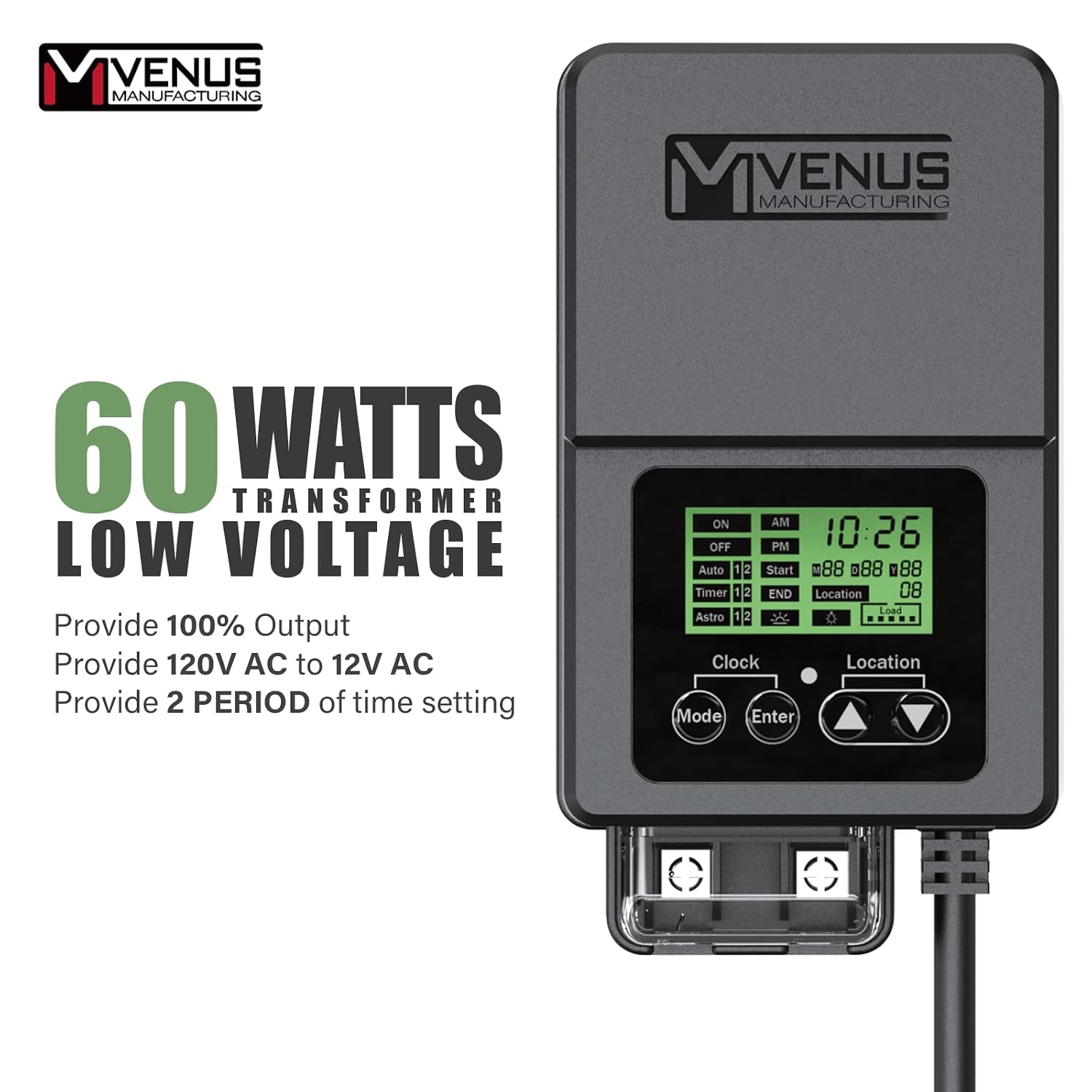 VENUS MANUFACTURING 12V Landscape Lights Kits with 60W Outdoor Landscape Transformers Timer and Photo Sensor & 6 Pack Black 3Watt LED 200 Lumen Landscape Spotlight 3000K Warm White Tree Flood Lights