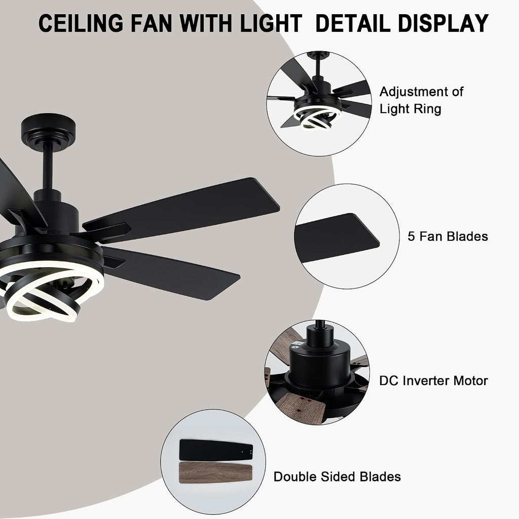 52' Farmhouse Ceiling Fans with Lights,Chandelier Fan with 6-Speed Dimmable LED and Reversible DC Motor,DIY Rings LED,Fandelier Ceiling Fan with 5 Dual Finish Blades for Living Room/Bedroom