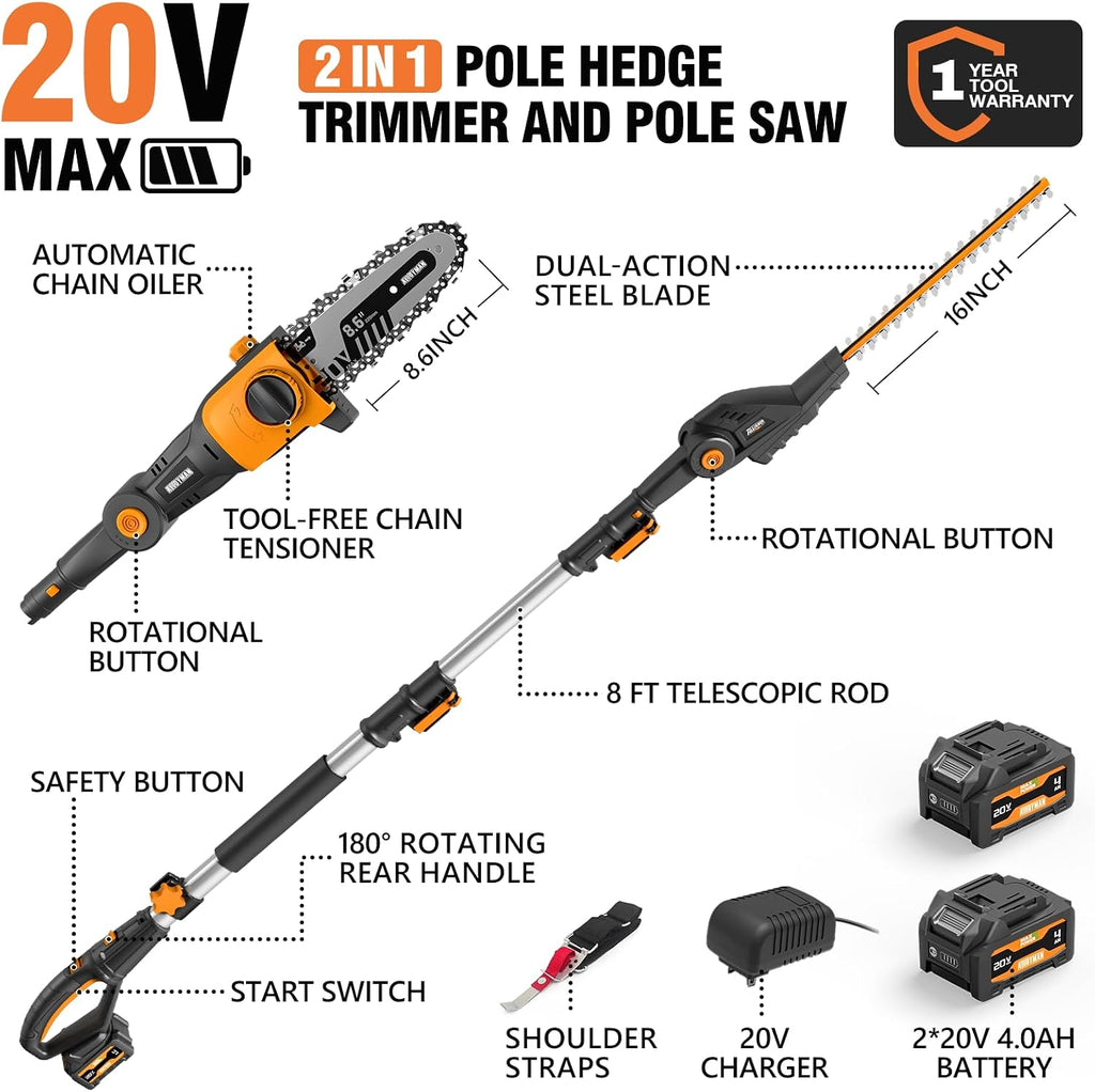 Alloyman 2-in-1 Telescopic Cordless Pole Hedge Trimmer 16-Inch and Pole Saw 8.6-Inch,with 2 Packs 4.0Ah Batteries & Charger,for Tree Trimming and Shrubs Pruning