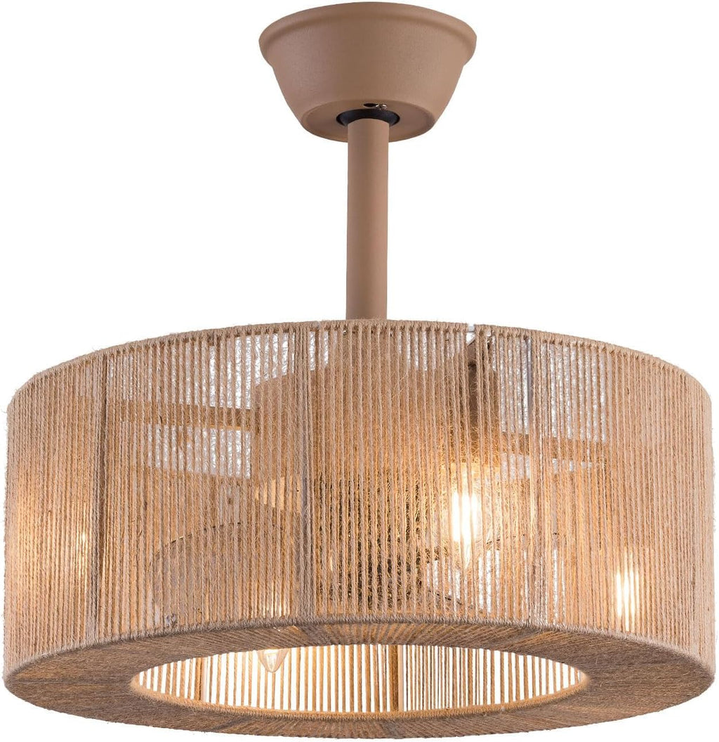 LOYALHEARTDY Boho Ceiling Fan with Light and Remote 18' 6-Speed 1/2/4/8H Timer Caged Modern Downrod Mount Bladeless Ceiling Fan Kids Fan, Hemp Rope Fringe Tassel Lampshade