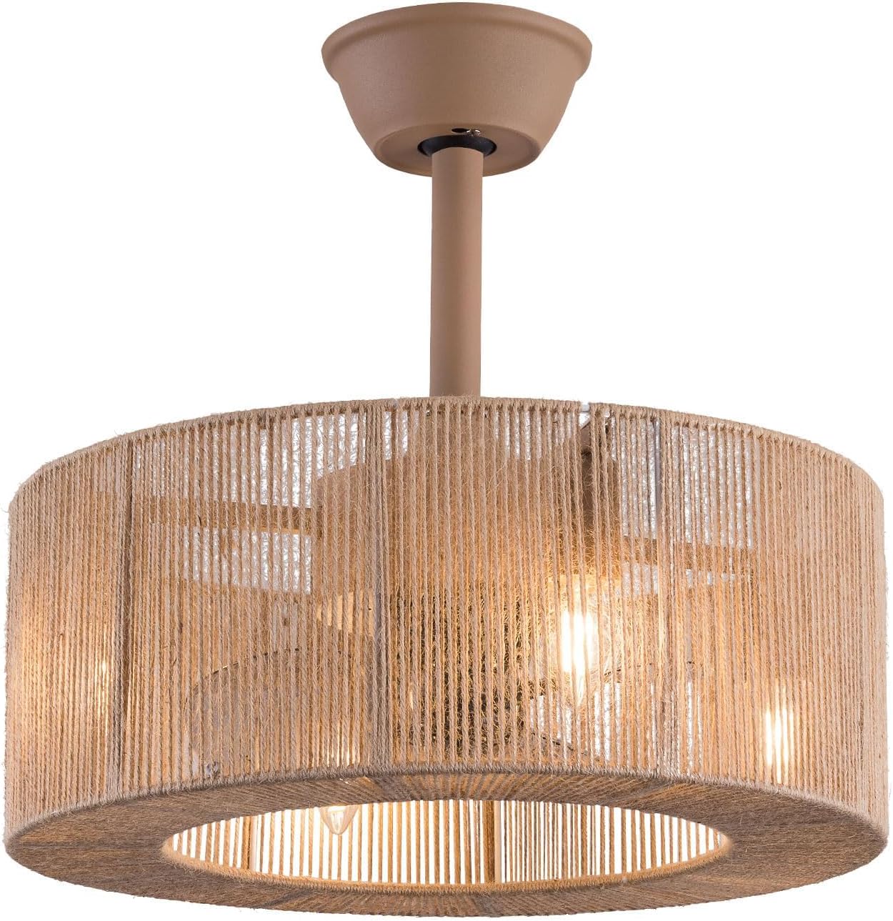 LOYALHEARTDY Boho Ceiling Fan with Light and Remote 18' 6-Speed 1/2/4/8H Timer Caged Modern Downrod Mount Bladeless Ceiling Fan Kids Fan, Hemp Rope Fringe Tassel Lampshade