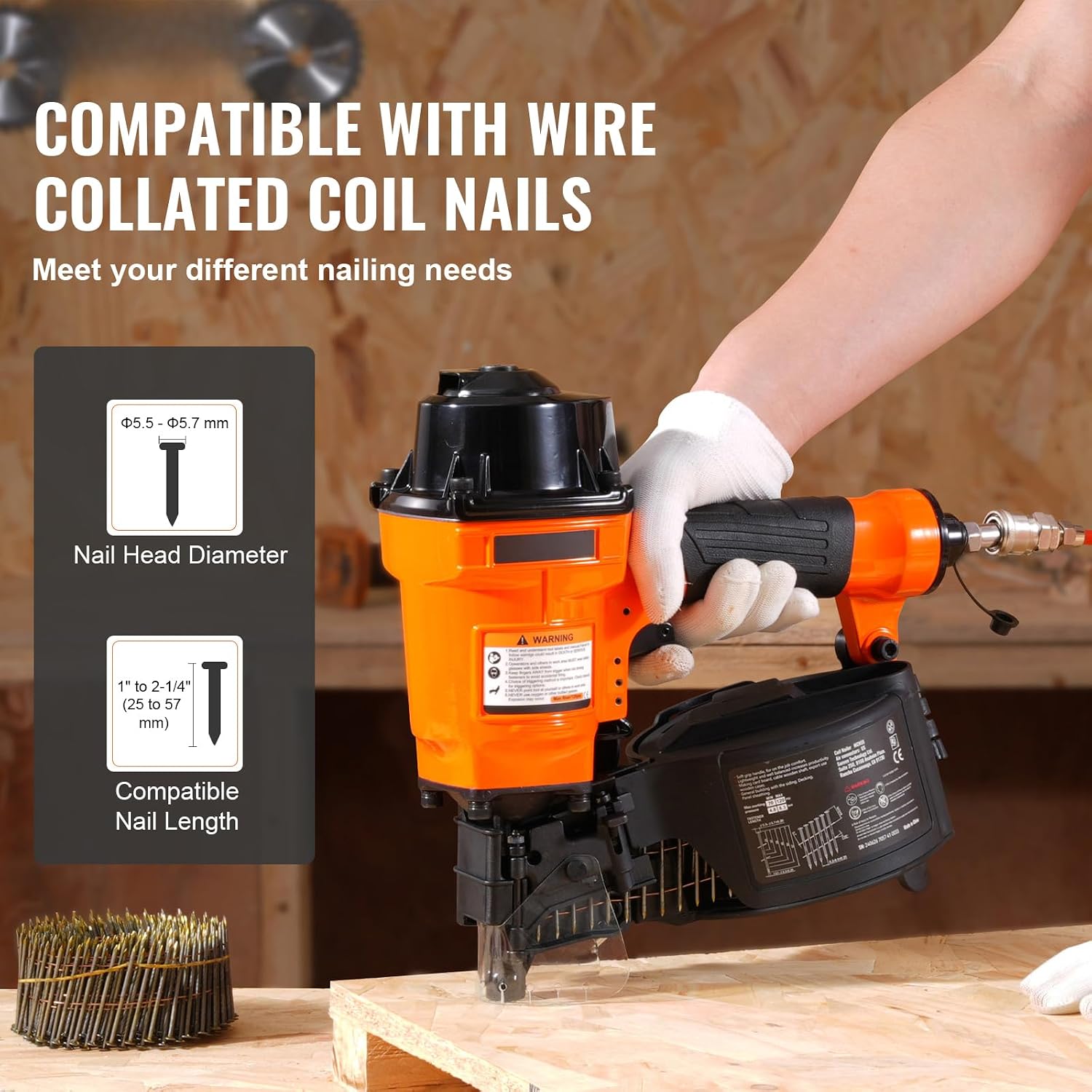 Happybuy Coil Siding Nailer MCN55, 1 inch to 2-1/4 inch 15 Degree Pneumatic Siding Nail Gun, 70-120PSI Air Coil Nailer for Siding, Pallet Sheathing, Fencing, Decking