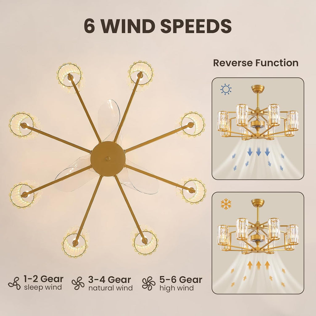 36' Large Crystal Fandelier Dimmable 6-Light Vintage Flush Mounted Chandelier Ceiling Fan Gold Ceiling Fans with Lights and Remote for Dining Living Room Kitchen