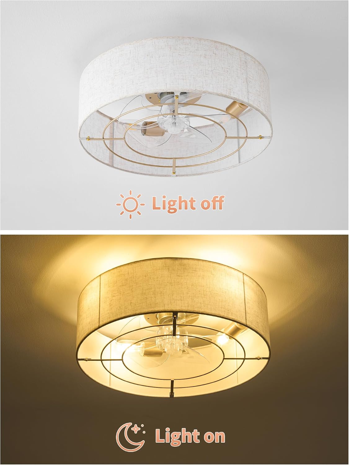 Ceiling Fans with Lights, 20' Boho Ceiling Fan with Light Flush Mount, Drum Rattan Low Profile with 6 Speeds, Remote Control for Bedroom, Nursery, Living Room