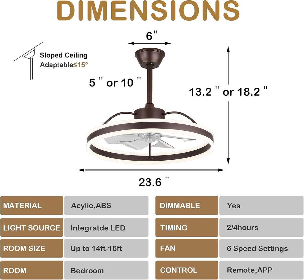 24' Bladeless Bedroom Ceiling Fan Fandelier LED Fan Light with Dimmable LED Light and Remote Control (Coffe)