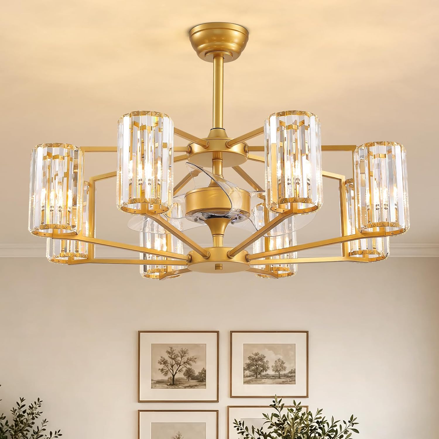 36' Large Crystal Fandelier Dimmable 6-Light Vintage Flush Mounted Chandelier Ceiling Fan Gold Ceiling Fans with Lights and Remote for Dining Living Room Kitchen